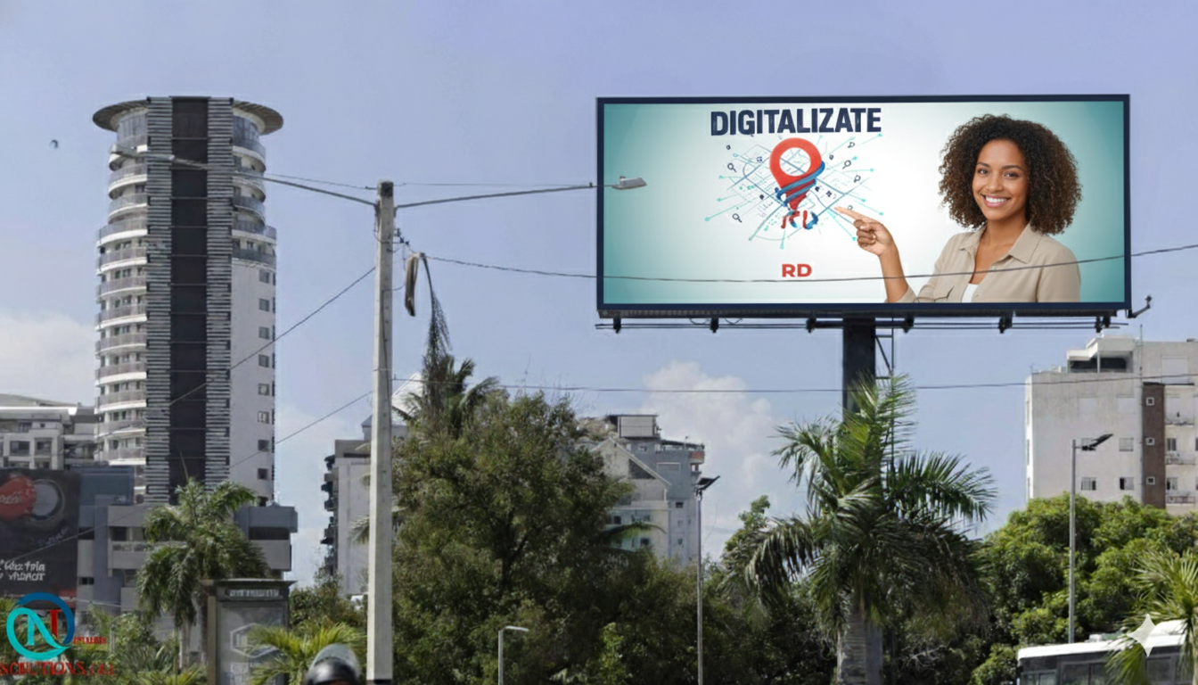 Valla publicitaria del programa Digitalízate RD con logotipo destacado y mensaje de transformación digital para negocios locales en República Dominicana