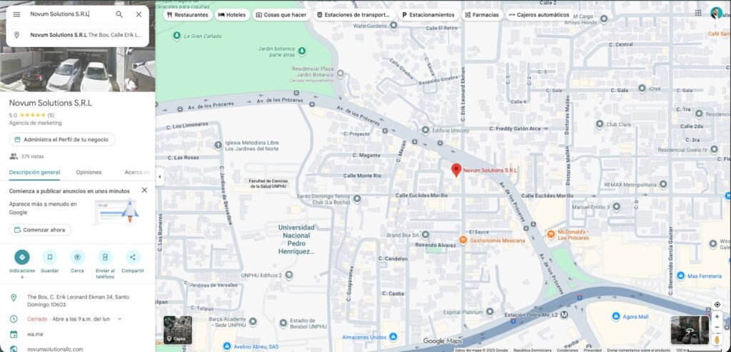 Novum Solutions aparece en los primeros resultados de búsqueda en Google Maps, destacando su presencia local en Santo Domingo.