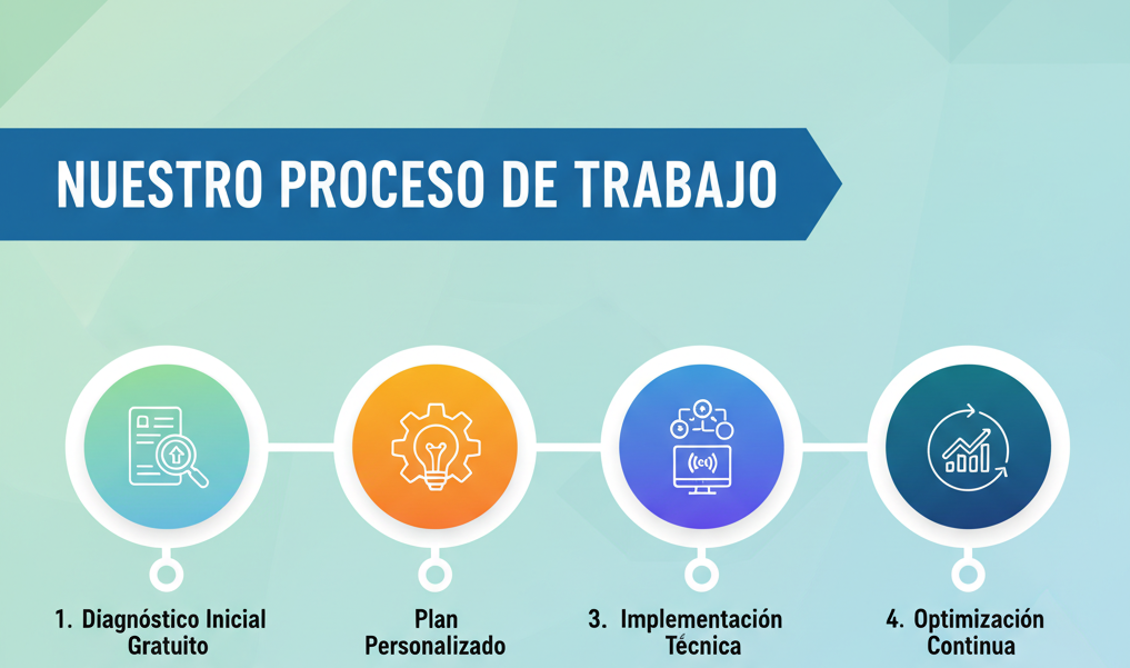 Ilustración del proceso de trabajo de Novum Solutions en República Dominicana: diagnóstico, estrategia personalizada, implementación de CRM y automatización, optimización continua y escalamiento de negocios